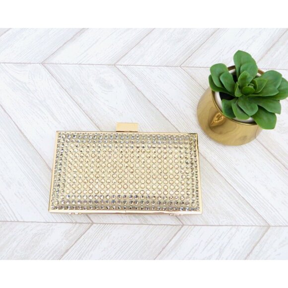 NEW! AQUA Crystal Embellished Minaudiere Clutch Gold - Picture 6 of 7